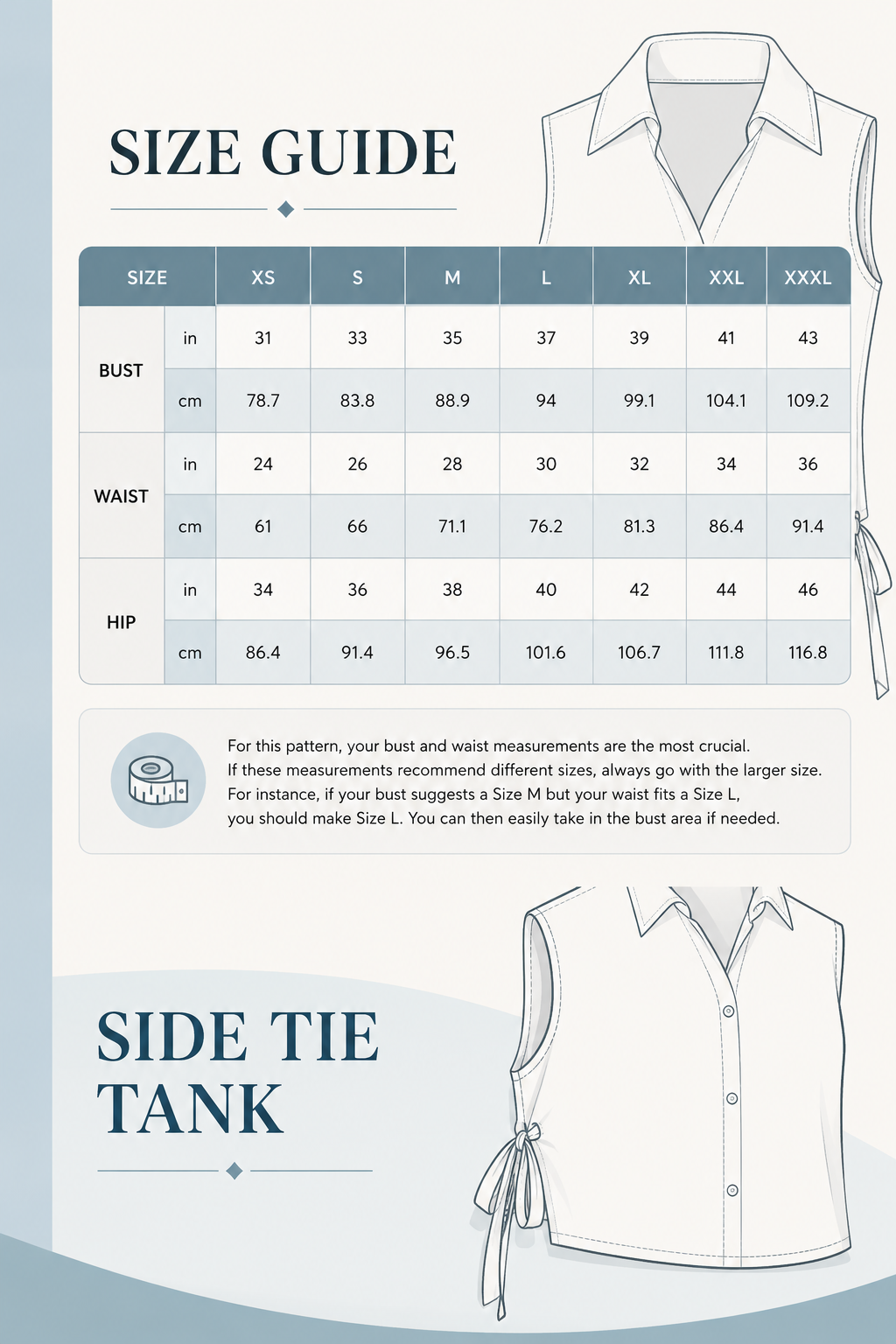Side Tie Tank blouse Sewing Pattern Beginner Friendly, Sizes XXS 5XL