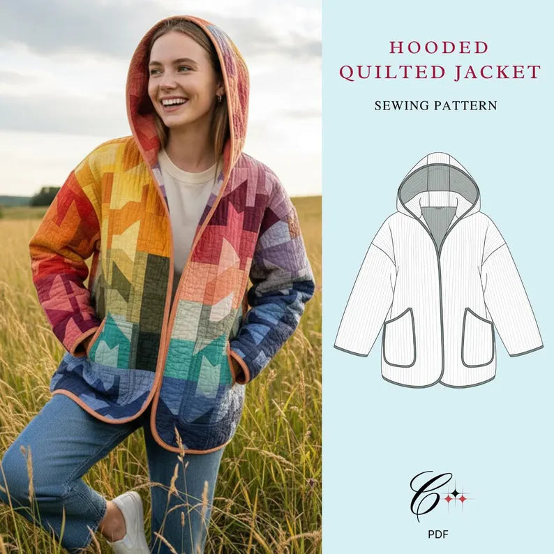 Hooded Quilted Jacket Sewing Pattern | Beginner Friendly, Sizes XXS-4XL (Instant Download)