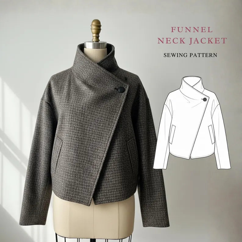 Funnel Neck jacket Sewing Pattern Beginner Friendly, Sizes XXS-4XL High collar jacket